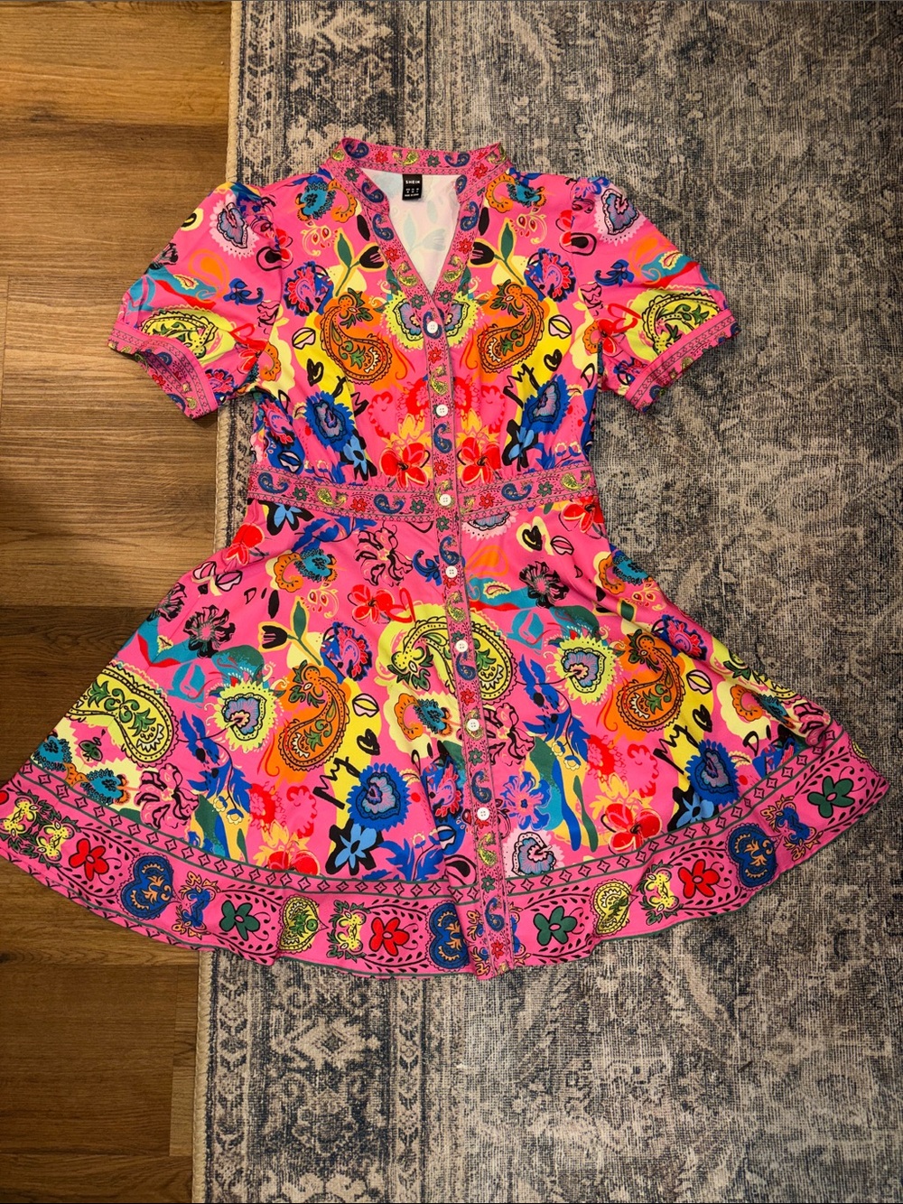 SHEIN Pink Multi-Color Paisley Button-Front Mini Dress